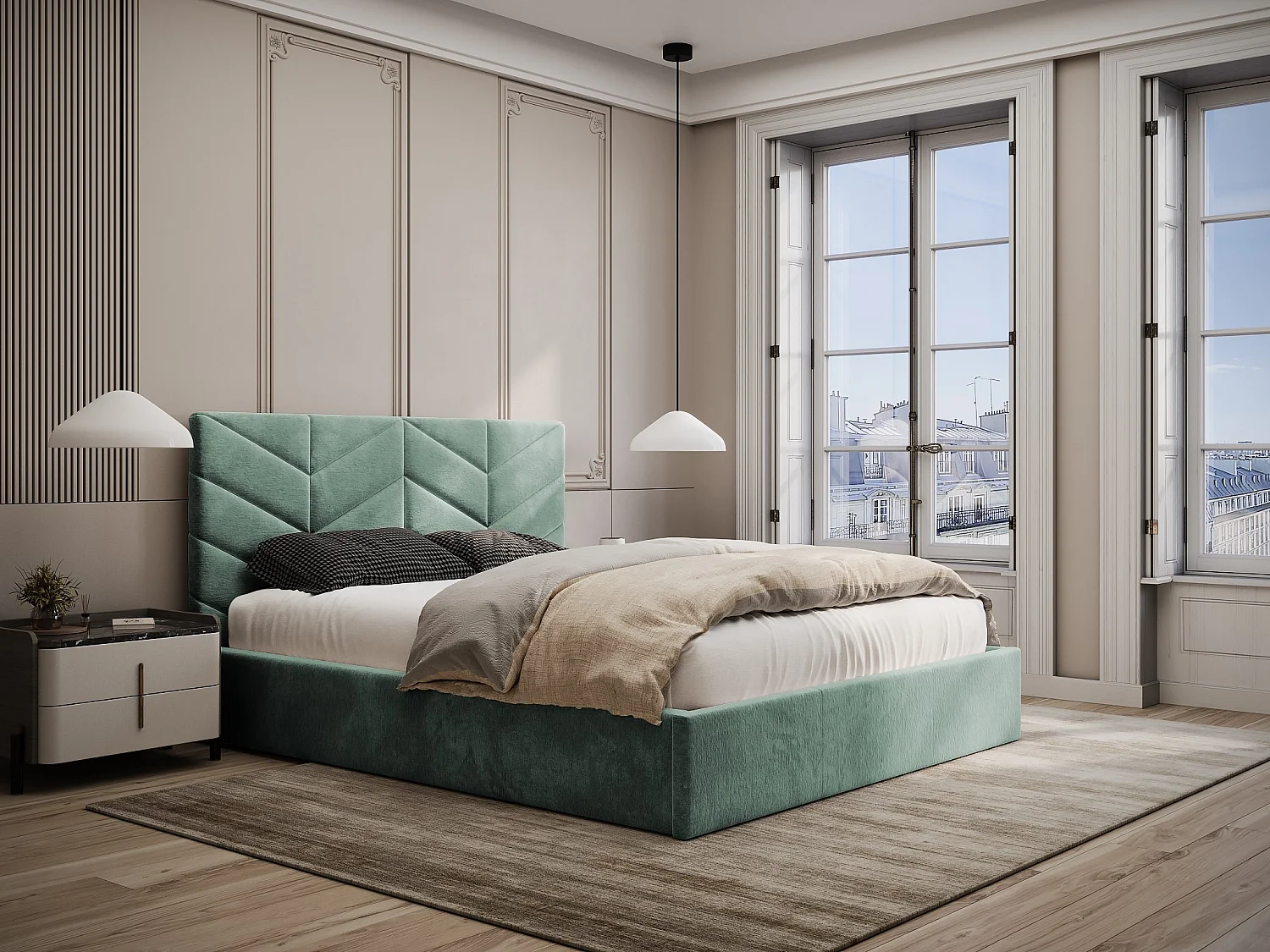 Lit coffre 140 x 190 cm - Tissu texturé - Vert amande + Matelas - JUSTANI