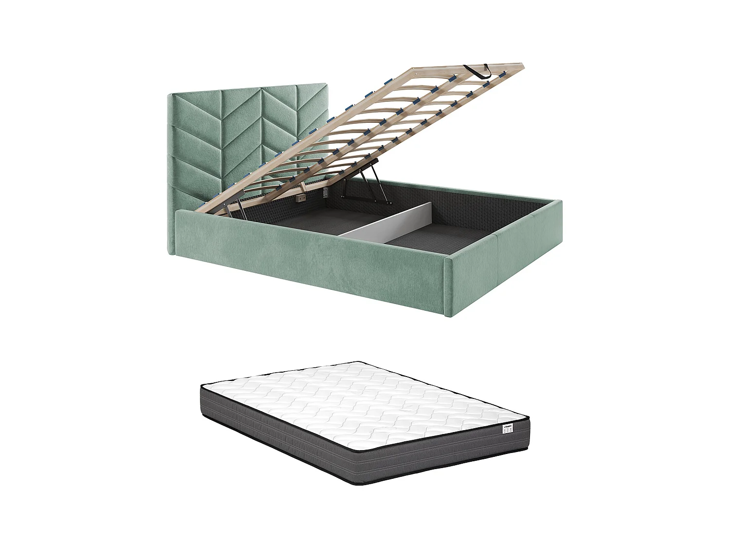 Seng med opbevaring 140 x 190 cm - Strukturstof - Mandel grøn + Madras - JUSTANI