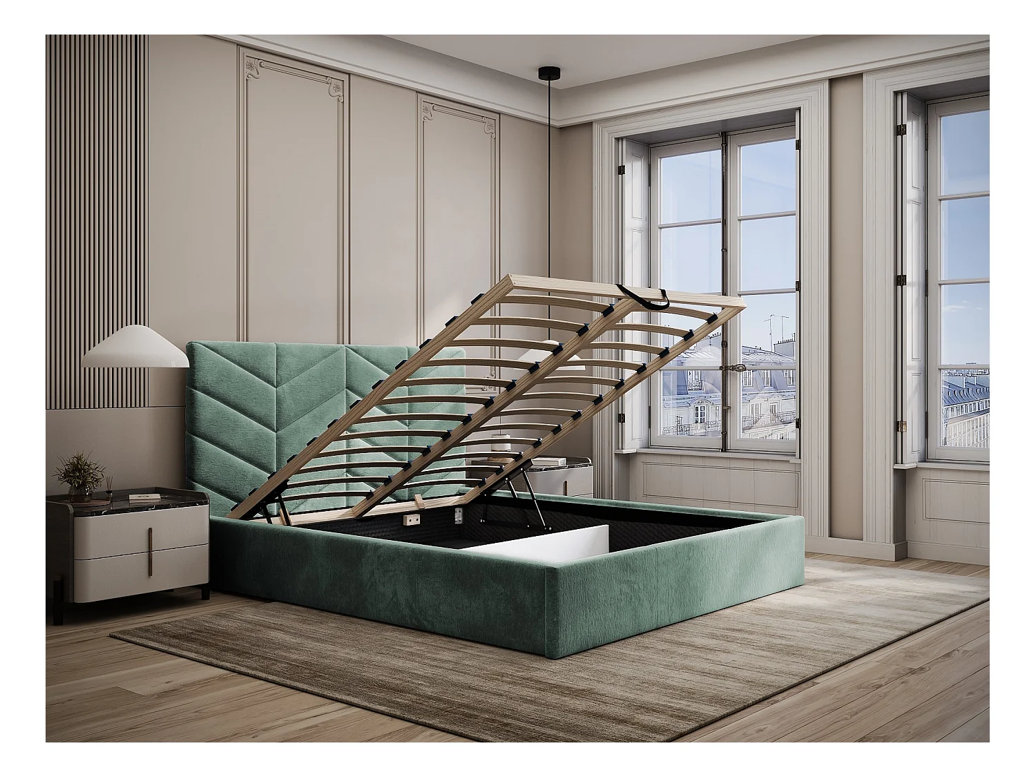 Seng med opbevaring 140 x 190 cm - Strukturstof - Mandel grøn + Madras - JUSTANI