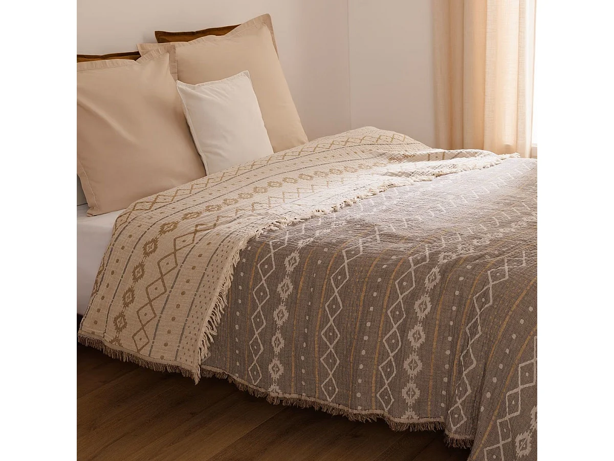 Dessus de Lit en Coton Ivoire Beige et Marron 240 x 260 cm
