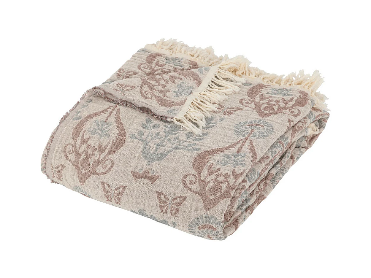 Dessus de Lit en Coton Ivoire Beige et Bleu 240 x 260 cm