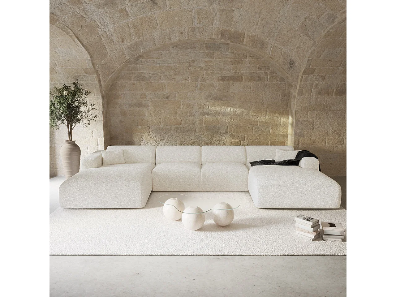 Canapé panoramique 7 places symétrique en bouclette crème  MYRA