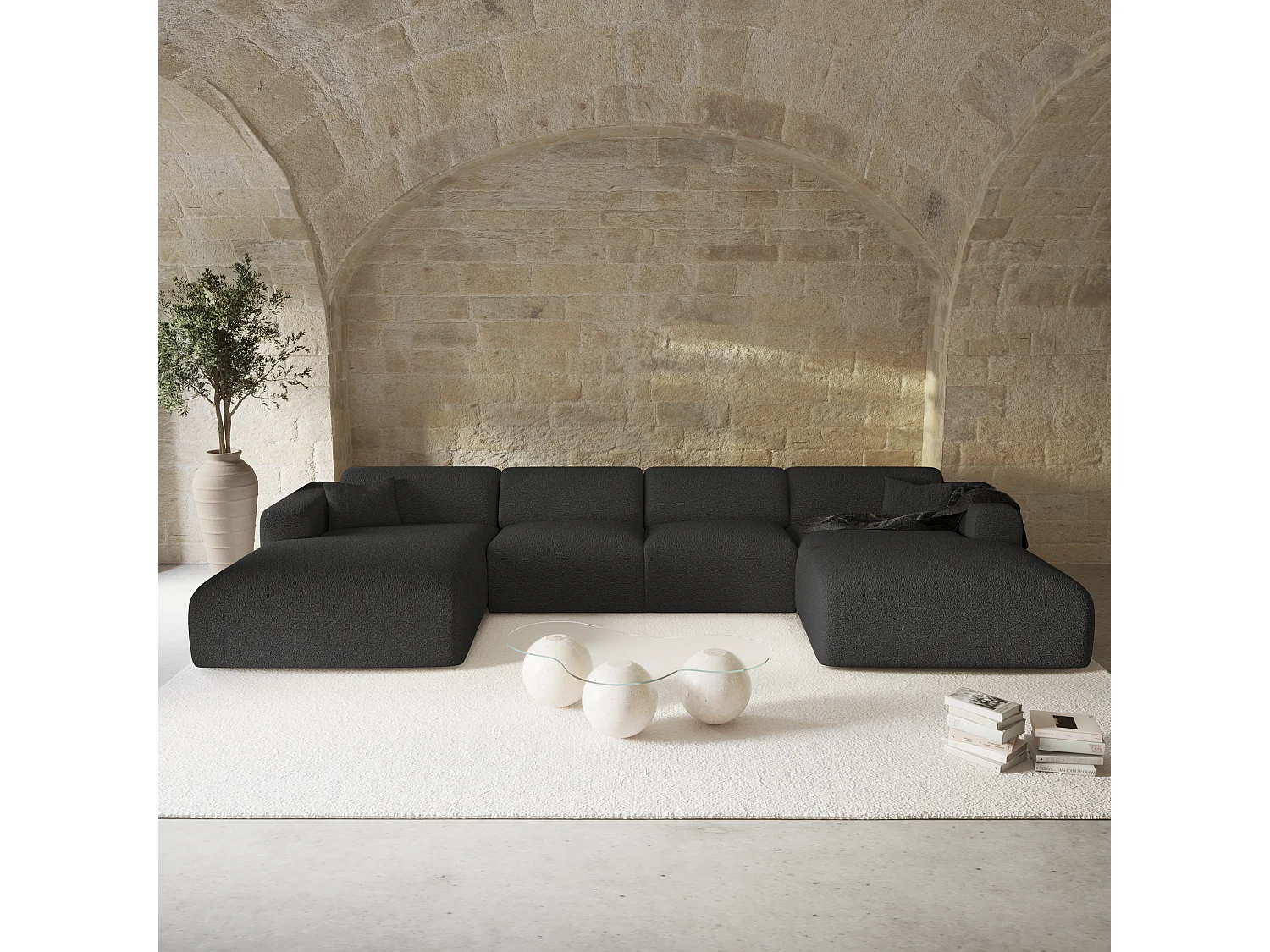 Canapé panoramique 7 places symétrique bouclette anthracite foncé  MYRA