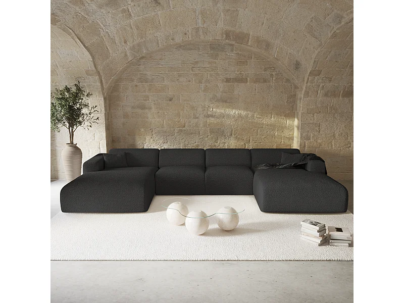 Canapé panoramique 7 places symétrique bouclette anthracite foncé  MYRA