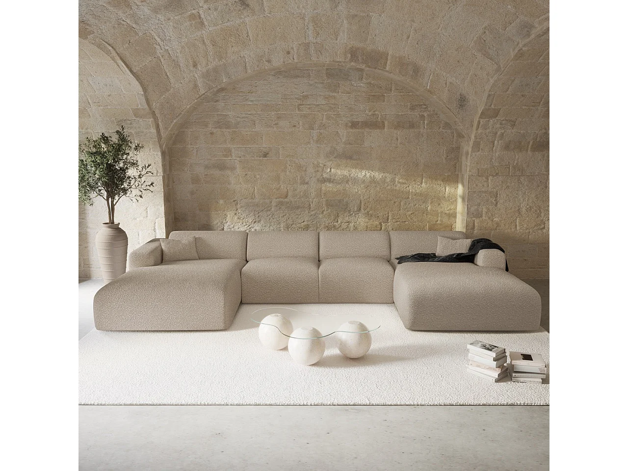 Canapé panoramique 7 places symétrique en bouclette taupe  MYRA