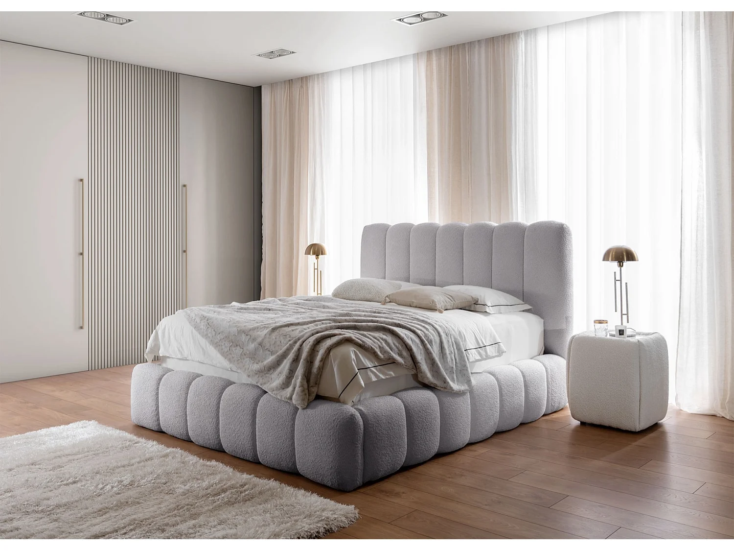 Tweepersoonsbed gestoffeerd - 180x200 cm - in lichtgrijs bouclette - CANDE