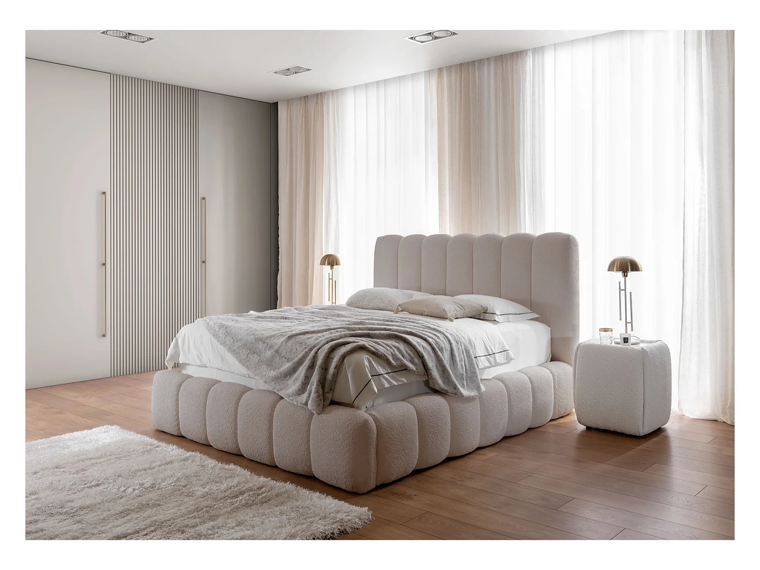 Lit capitonné double - 180x200 cm - en bouclette beige clair - CANDE