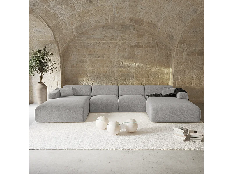 Canapé panoramique 7 places symétrique tissu tramé gris clair  MYRA