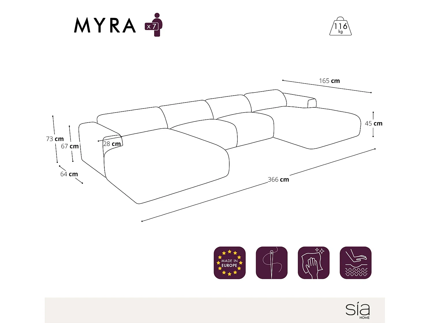 Canapé panoramique 7 places symétrique tissu tramé beige  MYRA