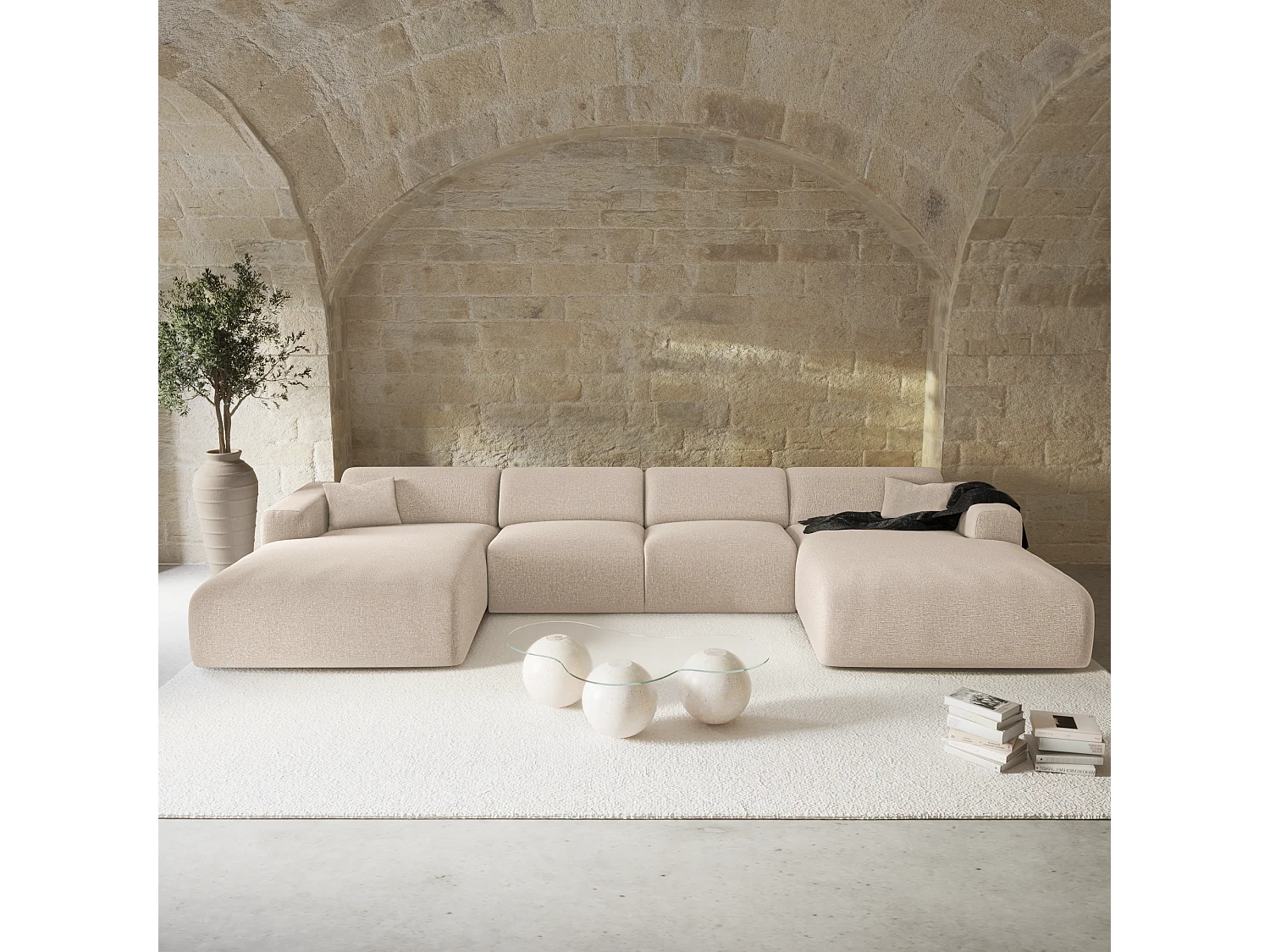 Canapé panoramique 7 places symétrique tissu tramé beige  MYRA