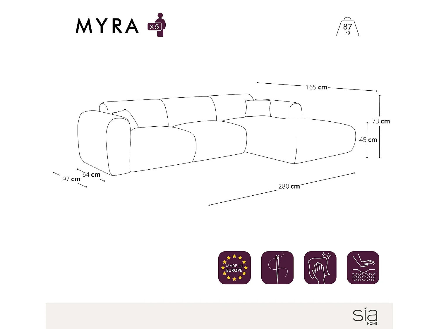 Canapé grand angle droit 5 places MYRA en tissu bouclette crème