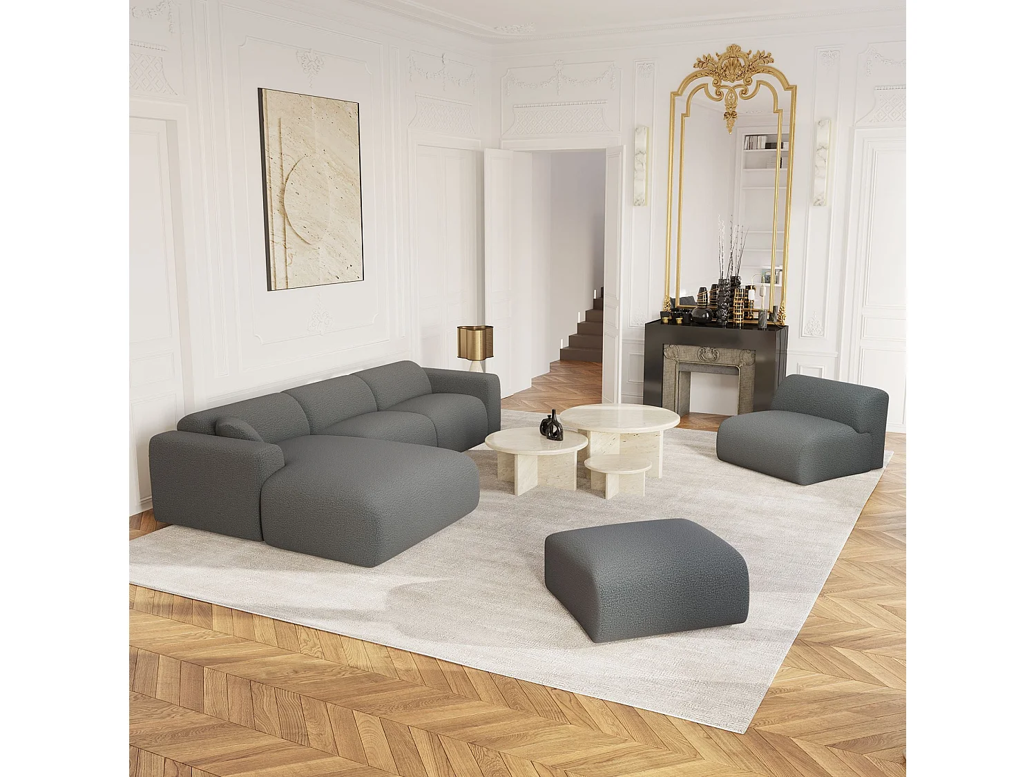 Canapé grand angle gauche bouclette gris graphite 280cm  MYRA