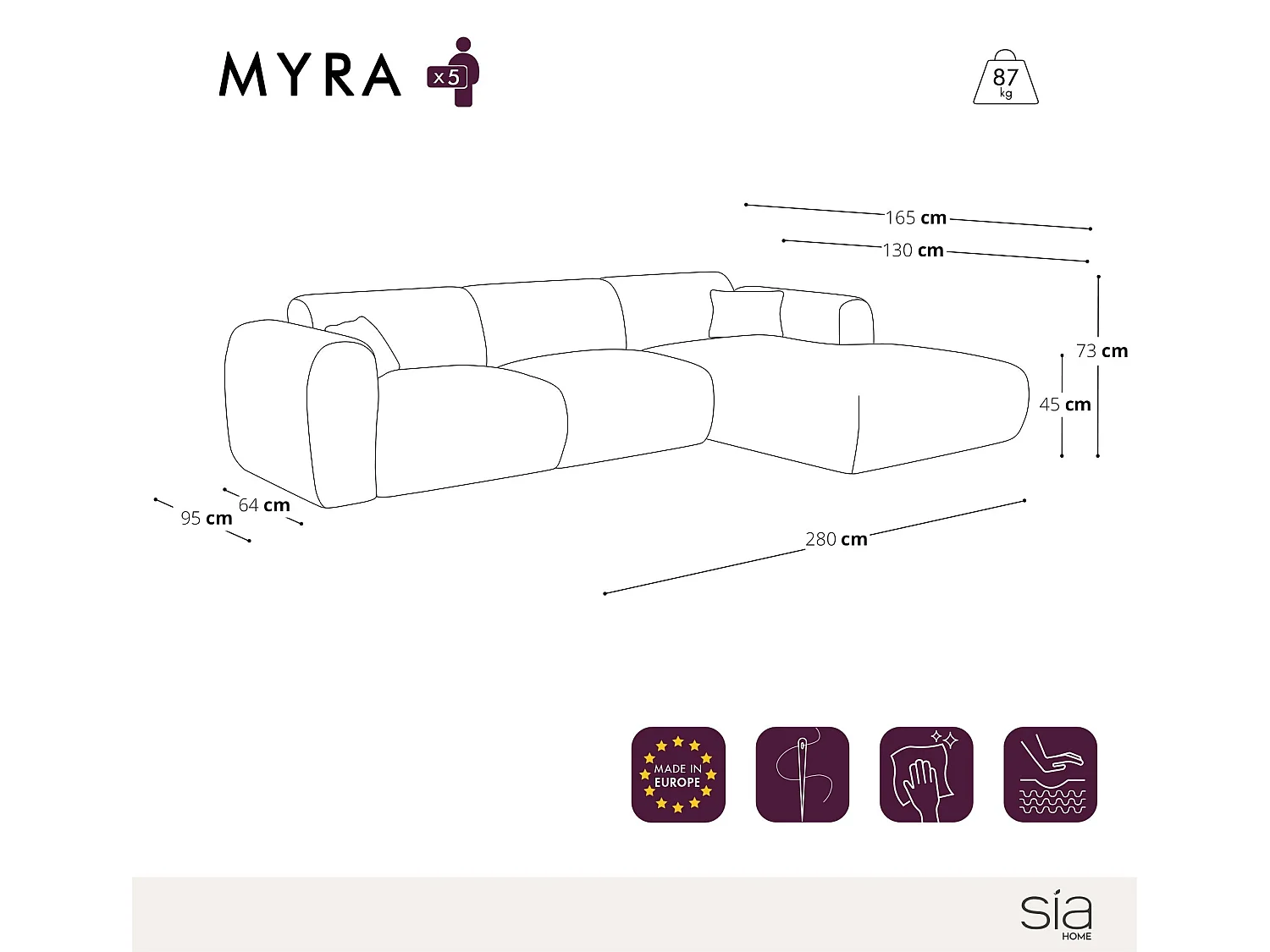 Canapé grand angle droit 5 places MYRA en tissu bouclette anthracite foncé