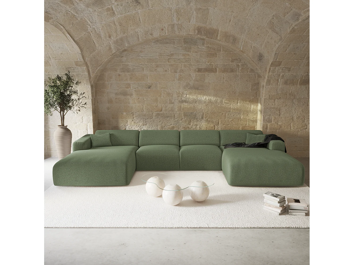 Canapé panoramique 7 places symétrique tissu tramé vert olive  MYRA