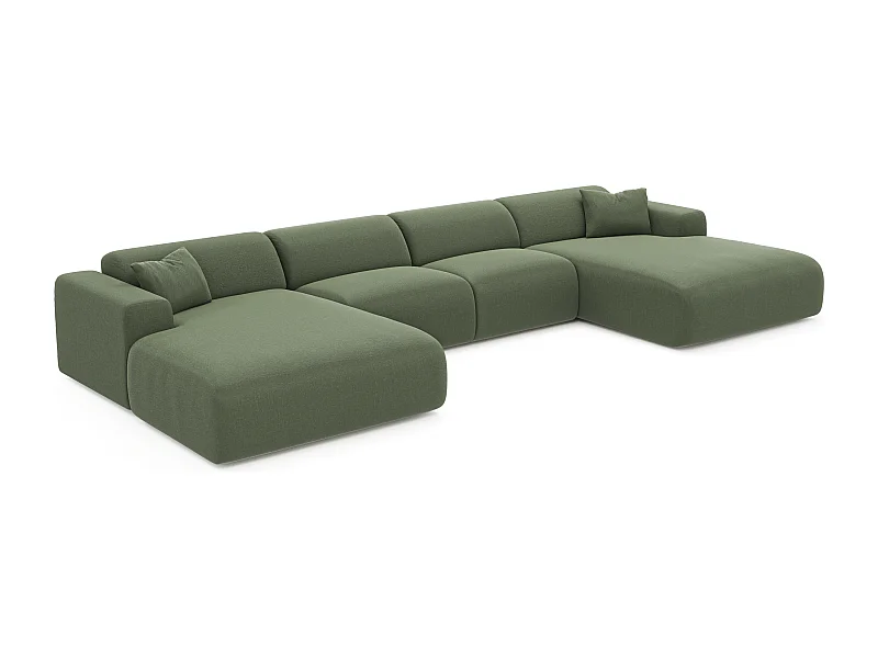 Canapé panoramique 7 places symétrique tissu tramé vert olive  MYRA