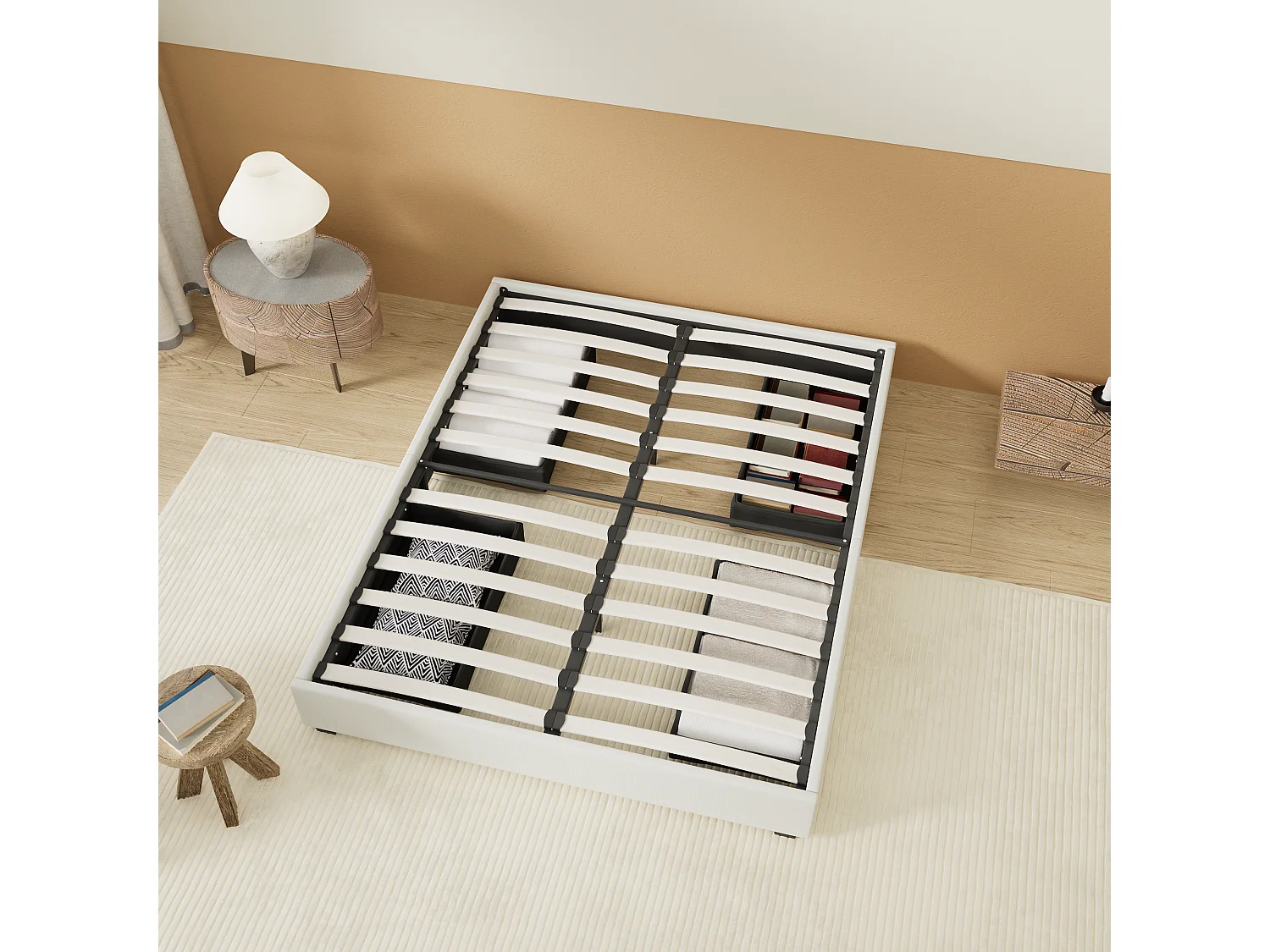 Lit 120 x 190 cm avec tiroirs, sommier à lattes en bois, cadre en tissu blanc