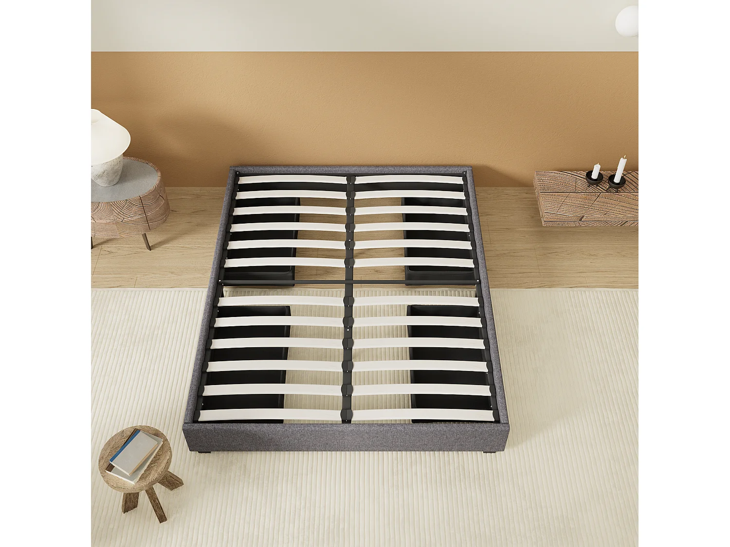 Lit 120 x 190 cm avec tiroirs, sommier à lattes en bois, cadre en tissu gris