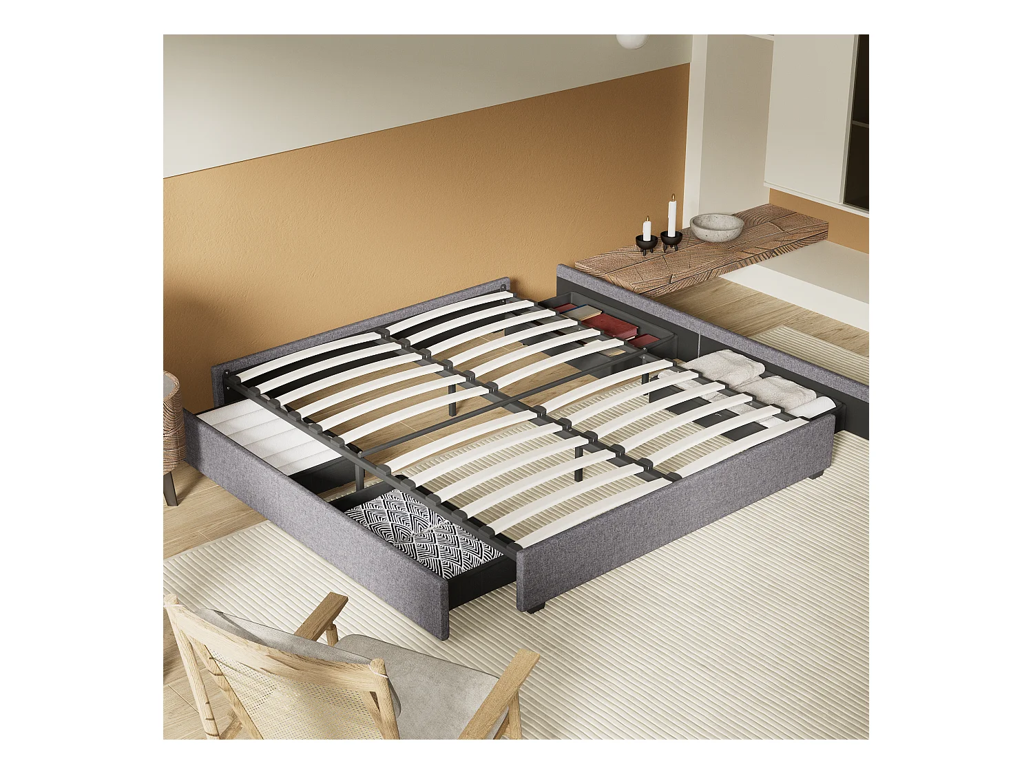 Lit 120 x 190 cm avec tiroirs, sommier à lattes en bois, cadre en tissu gris