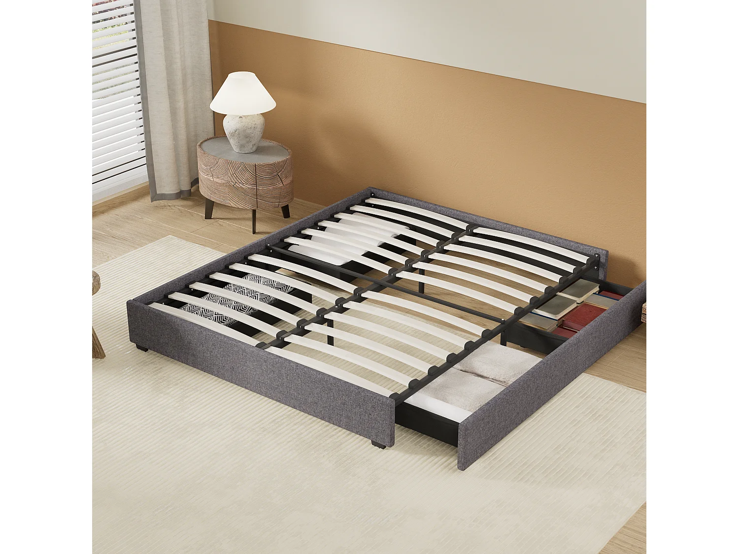 Lit 120 x 190 cm avec tiroirs, sommier à lattes en bois, cadre en tissu gris