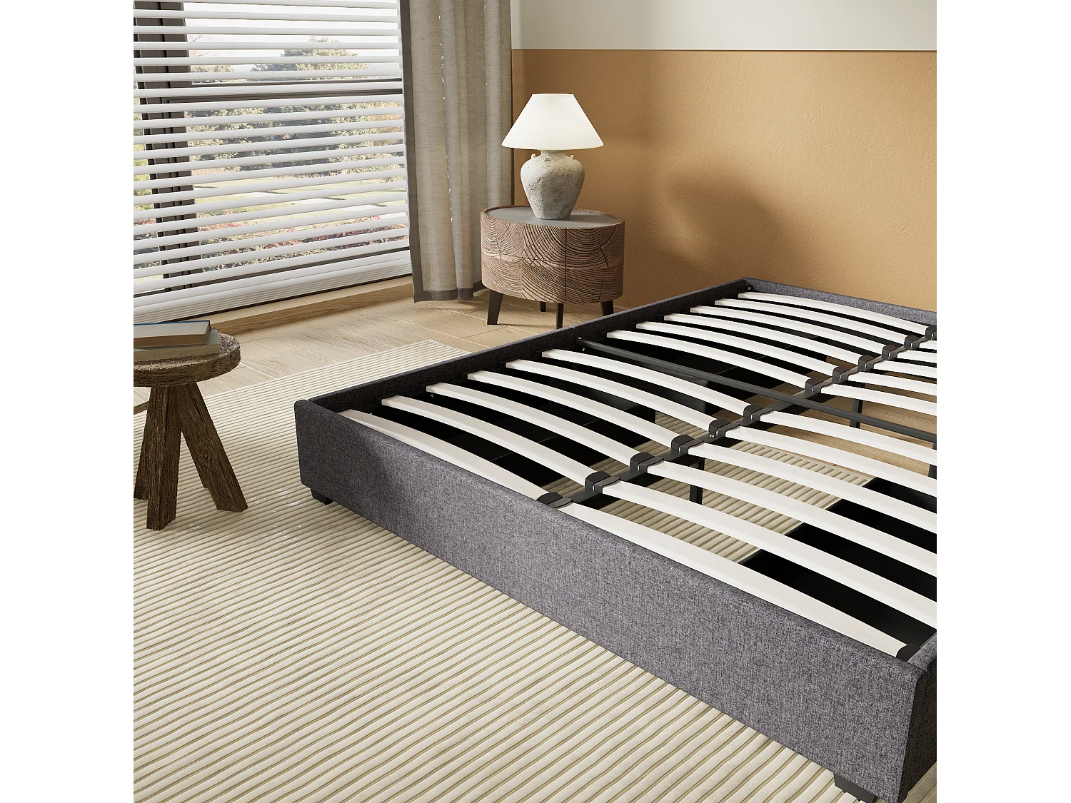 Lit 120 x 190 cm avec tiroirs, sommier à lattes en bois, cadre en tissu gris