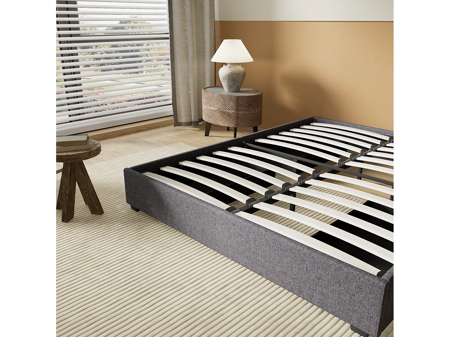 Lit 120 x 190 cm avec tiroirs, sommier à lattes en bois, cadre en tissu gris