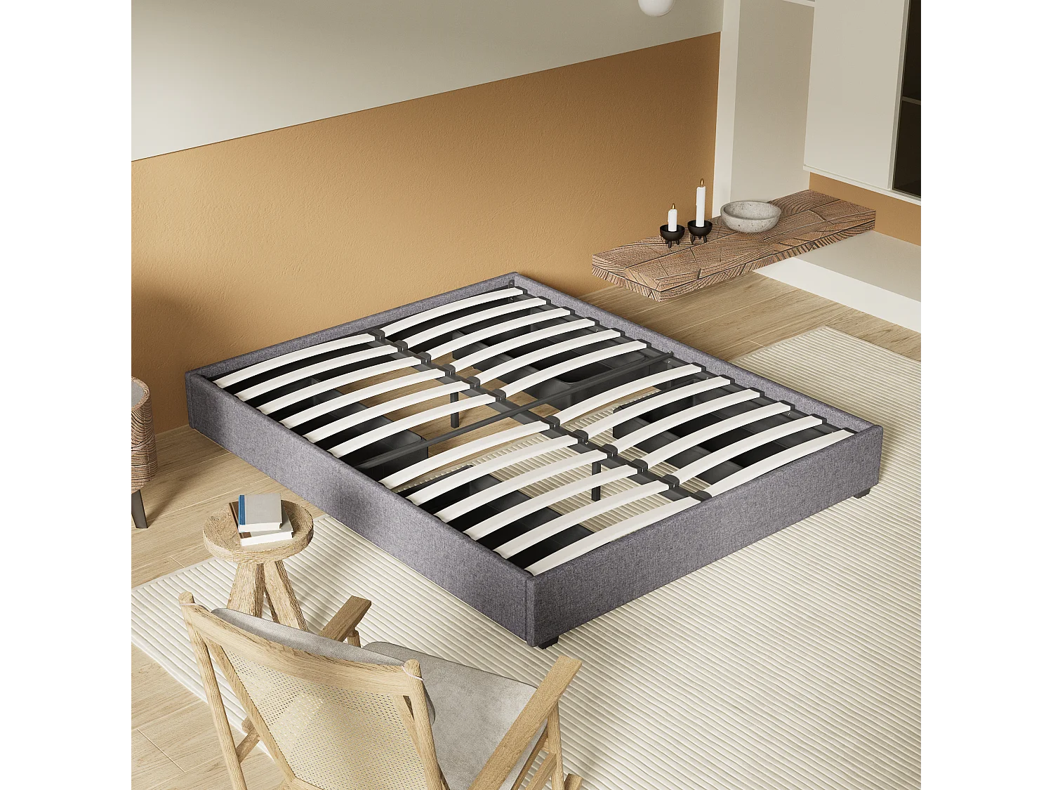 Lit 120 x 190 cm avec tiroirs, sommier à lattes en bois, cadre en tissu gris