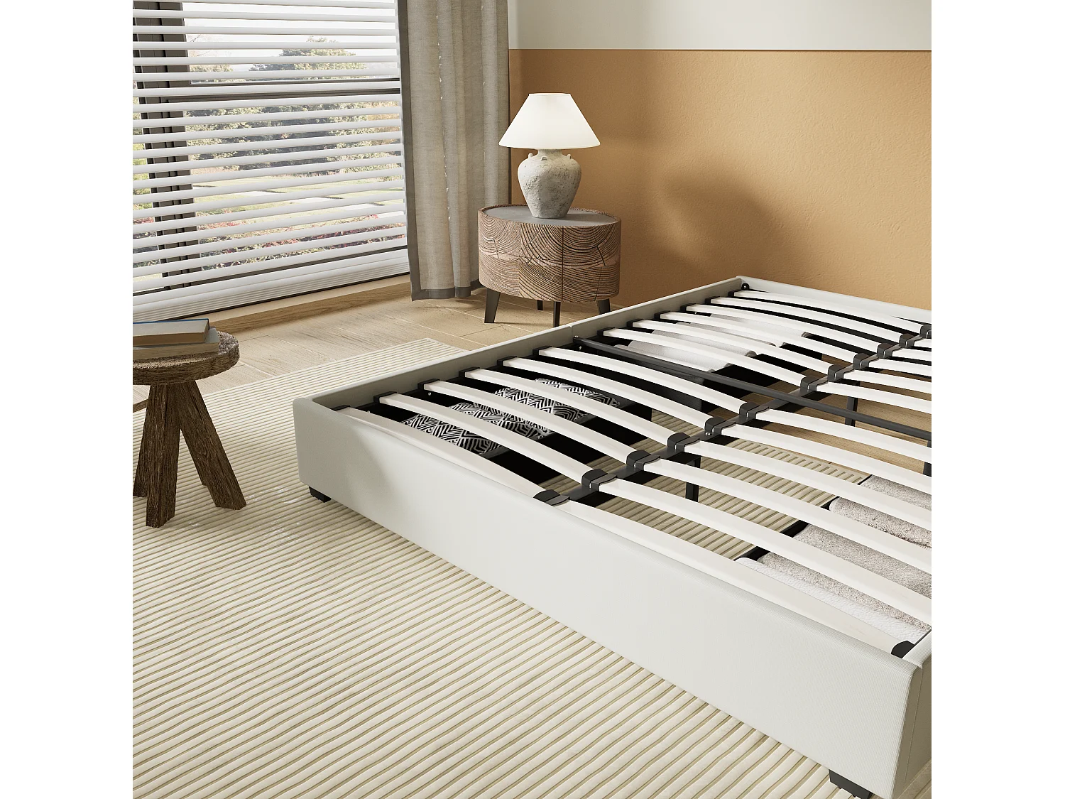 Lit 160 x 200 cm avec tiroirs, sommier à lattes en bois, cadre en tissu blanc