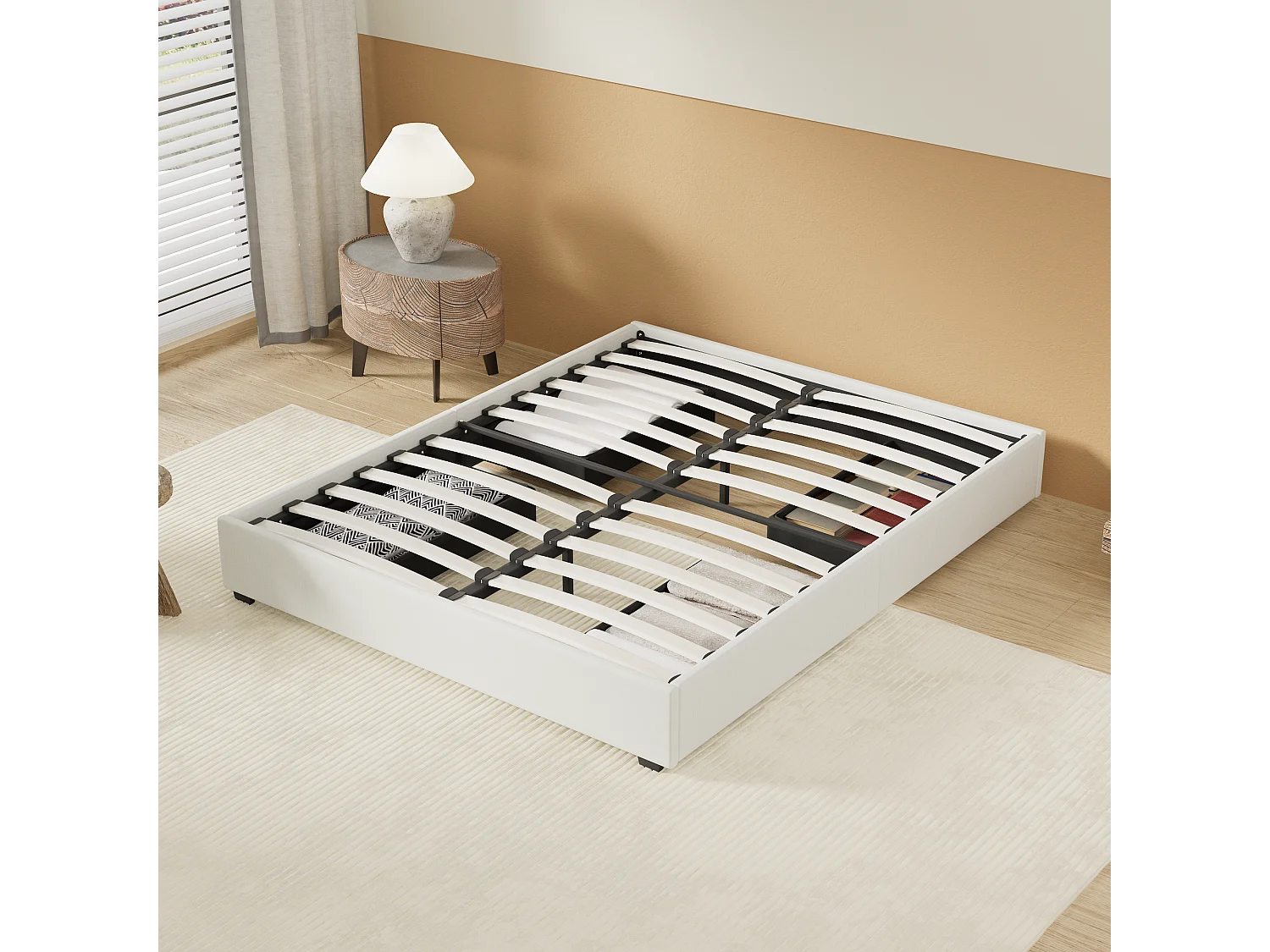 Lit 160 x 200 cm avec tiroirs, sommier à lattes en bois, cadre en tissu blanc