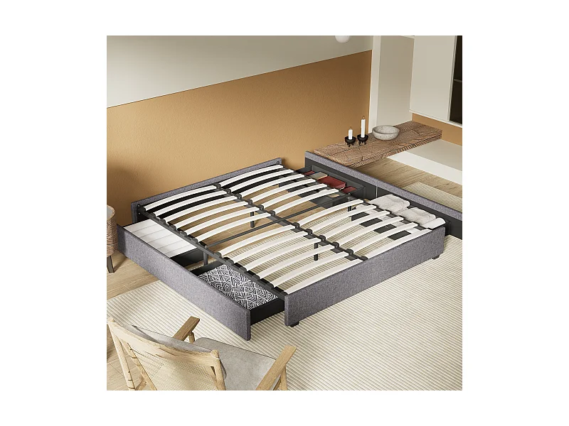 Lit 160 x 200 cm avec tiroirs, sommier à lattes en bois, cadre en tissu gris