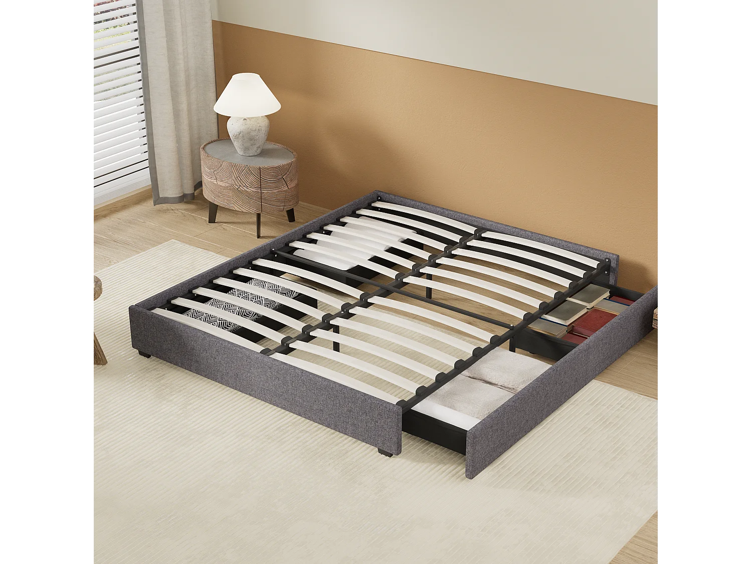 Lit 160 x 200 cm avec tiroirs, sommier à lattes en bois, cadre en tissu gris