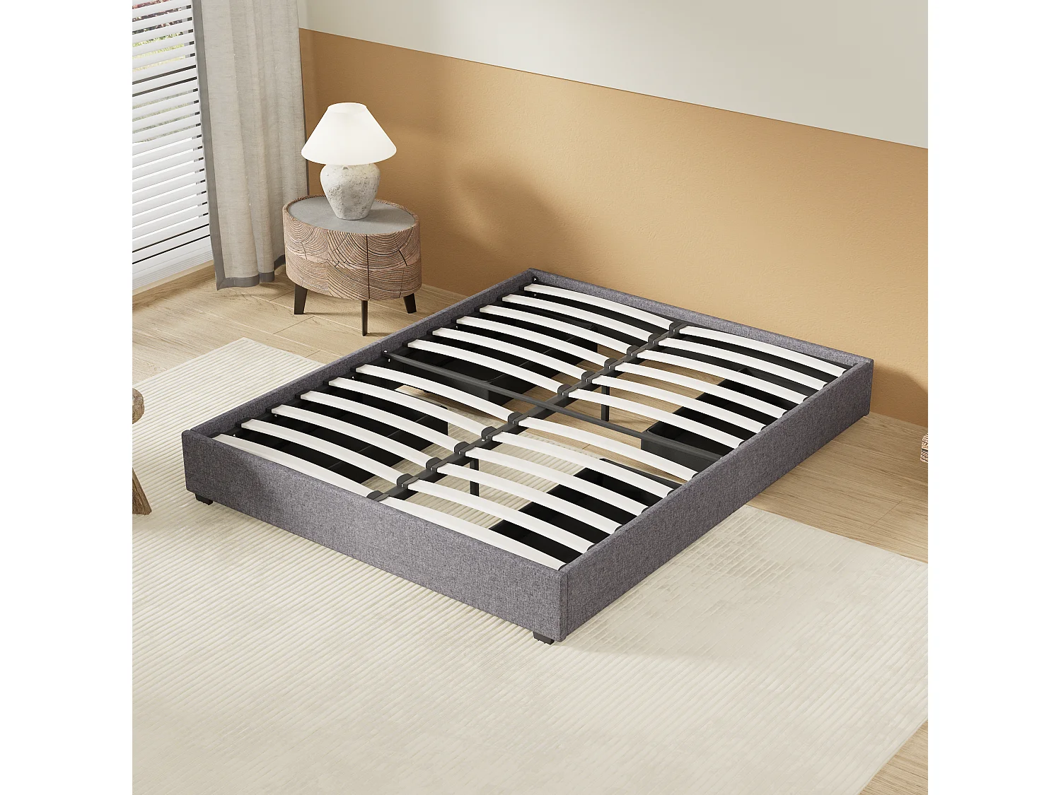 Lit 140 x 190 cm avec tiroirs, sommier à lattes en bois, cadre en tissu gris