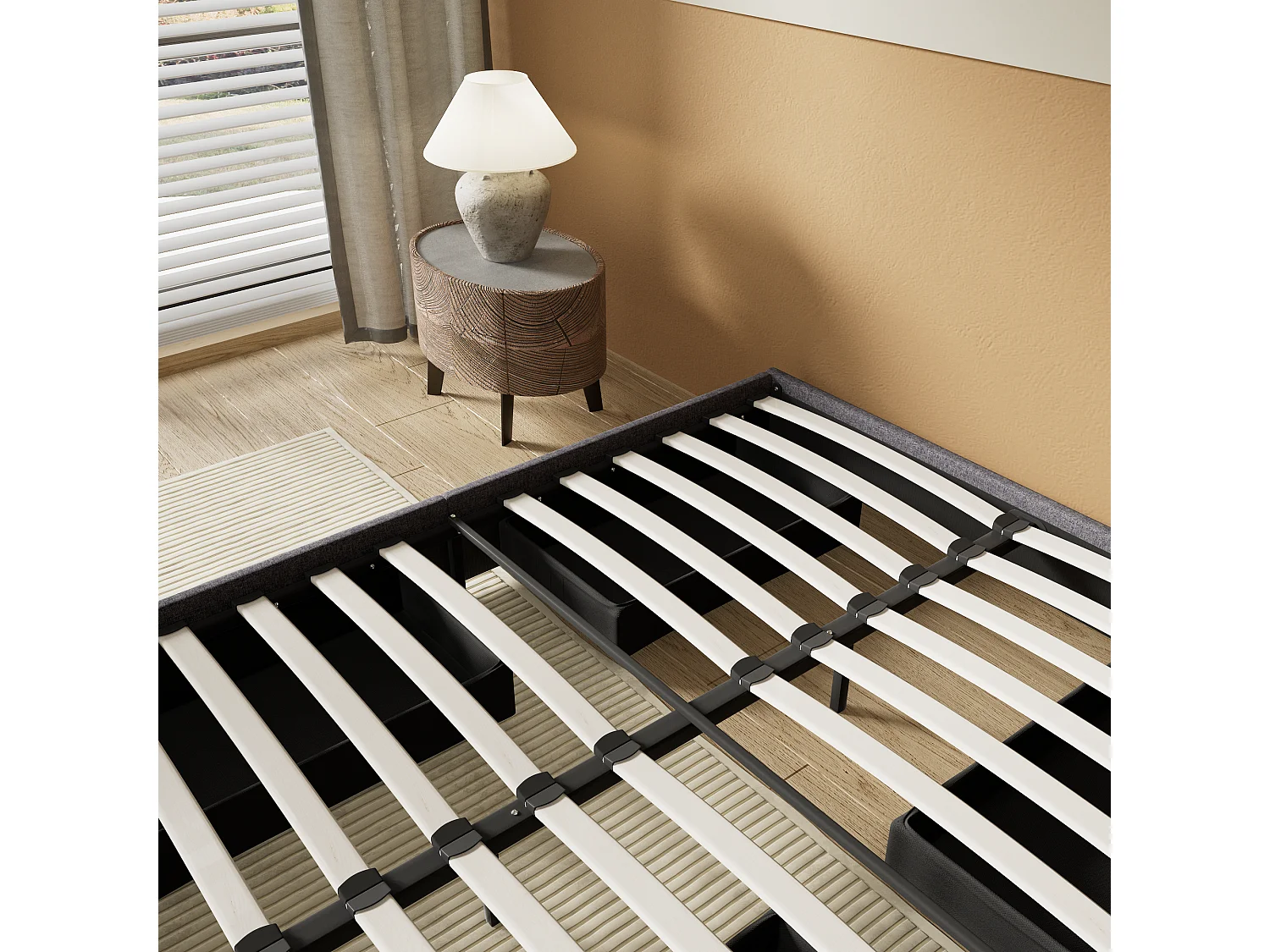 Lit 140 x 190 cm avec tiroirs, sommier à lattes en bois, cadre en tissu gris