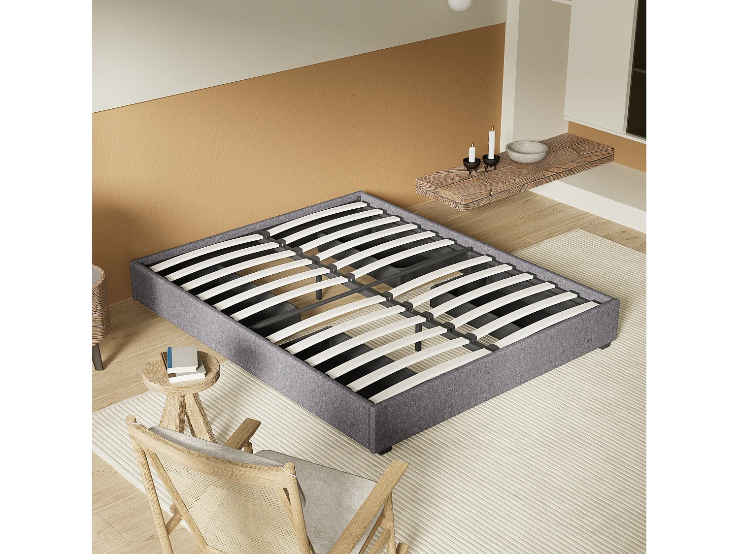 Lit 140 x 190 cm avec tiroirs, sommier à lattes en bois, cadre en tissu gris