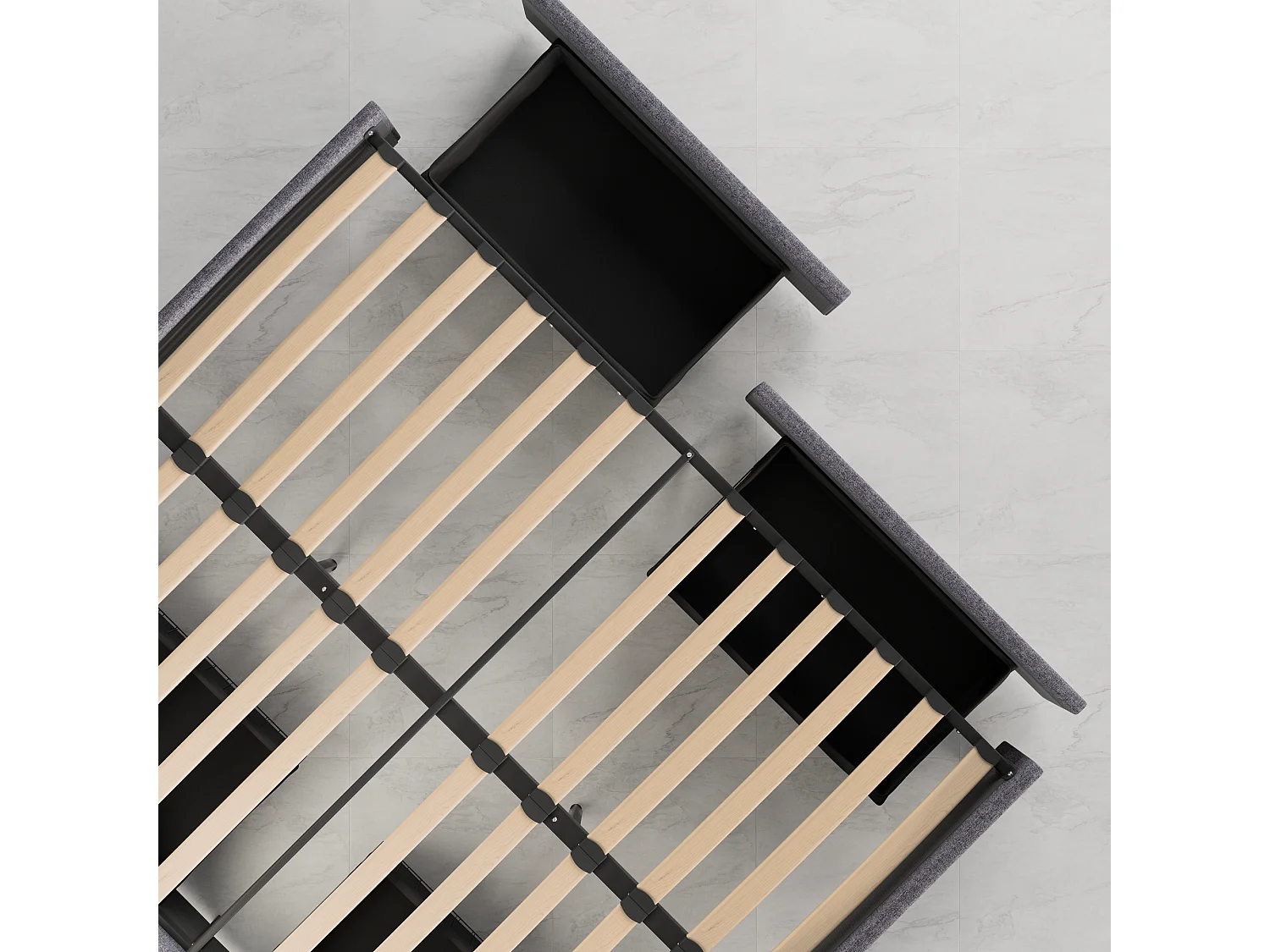 Lit 140 x 190 cm avec tiroirs, sommier à lattes en bois, cadre en tissu gris