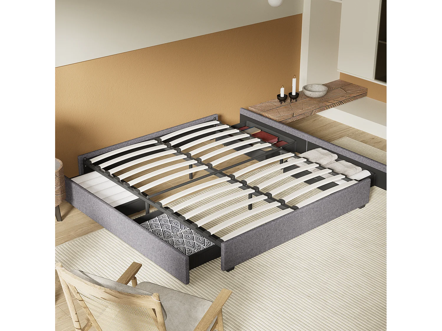 Lit 140 x 190 cm avec tiroirs, sommier à lattes en bois, cadre en tissu gris