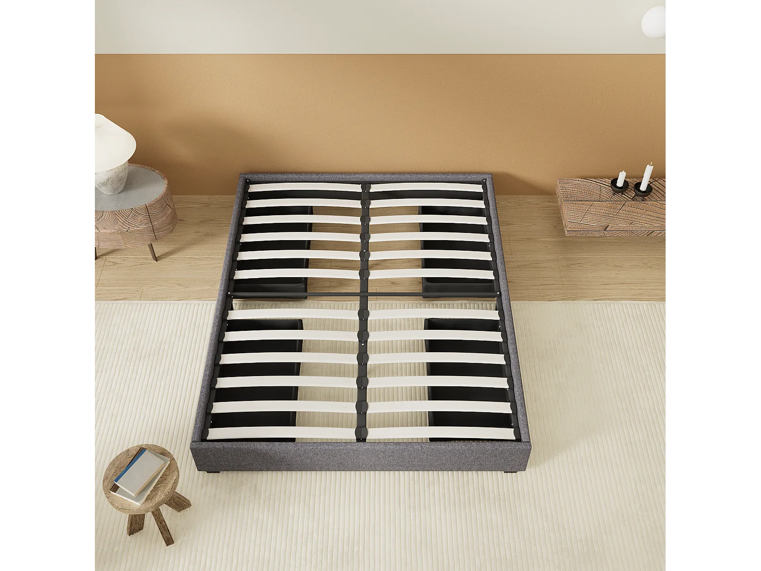 Lit 140 x 190 cm avec tiroirs, sommier à lattes en bois, cadre en tissu gris