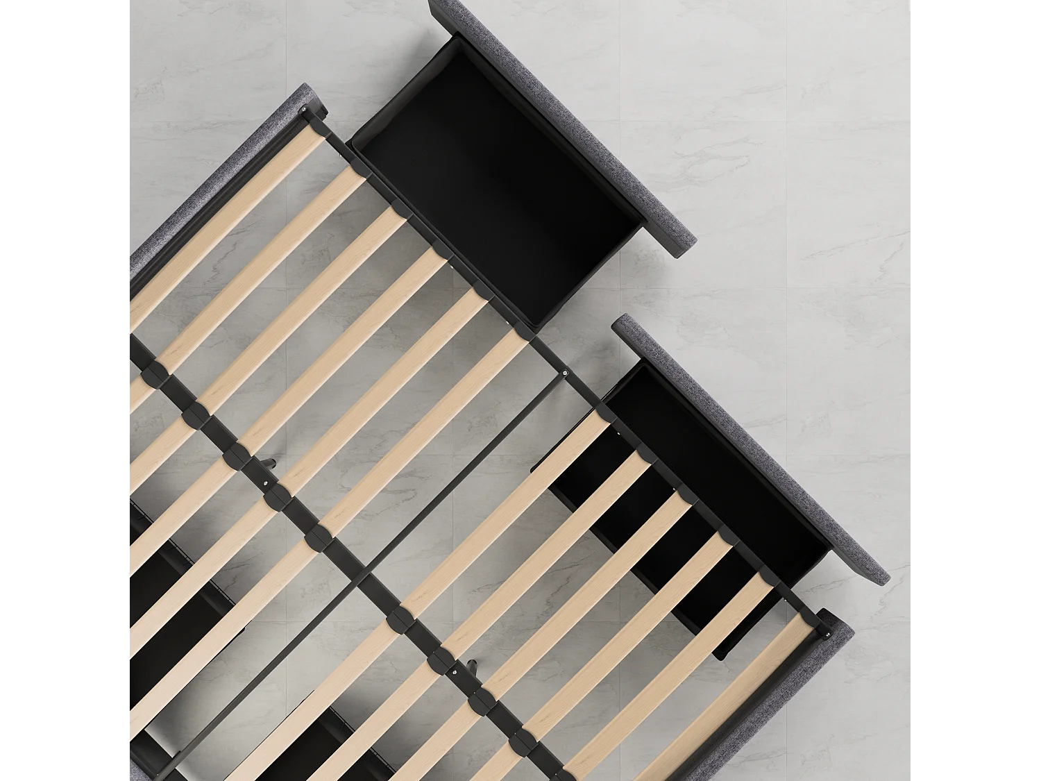 Lit 140 x 190 cm avec tiroirs, sommier à lattes en bois, cadre en tissu gris