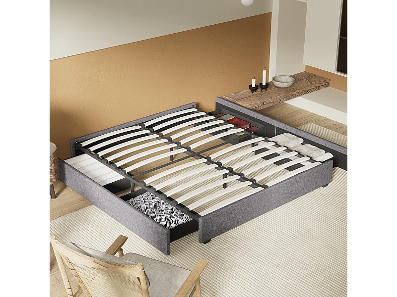 Lit 140 x 190 cm avec tiroirs, sommier à lattes en bois, cadre en tissu gris