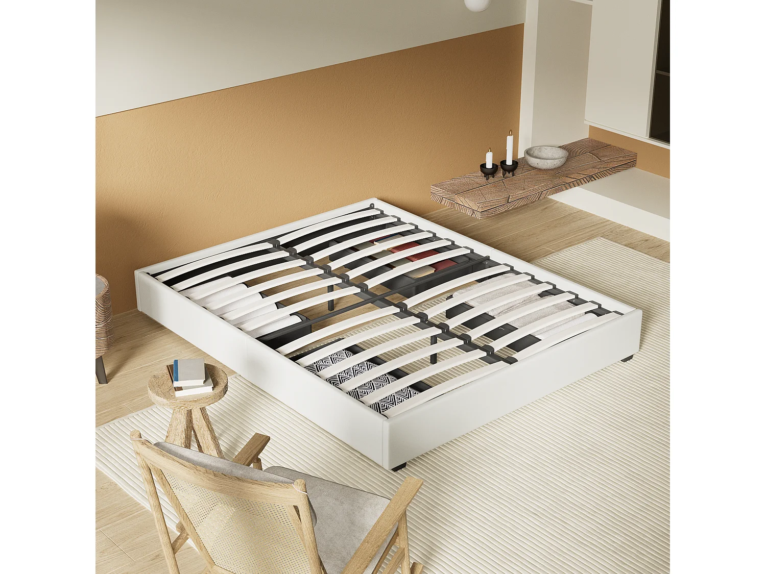 Lit 140 x 190 cm avec tiroirs, sommier à lattes en bois, cadre en tissu blanc