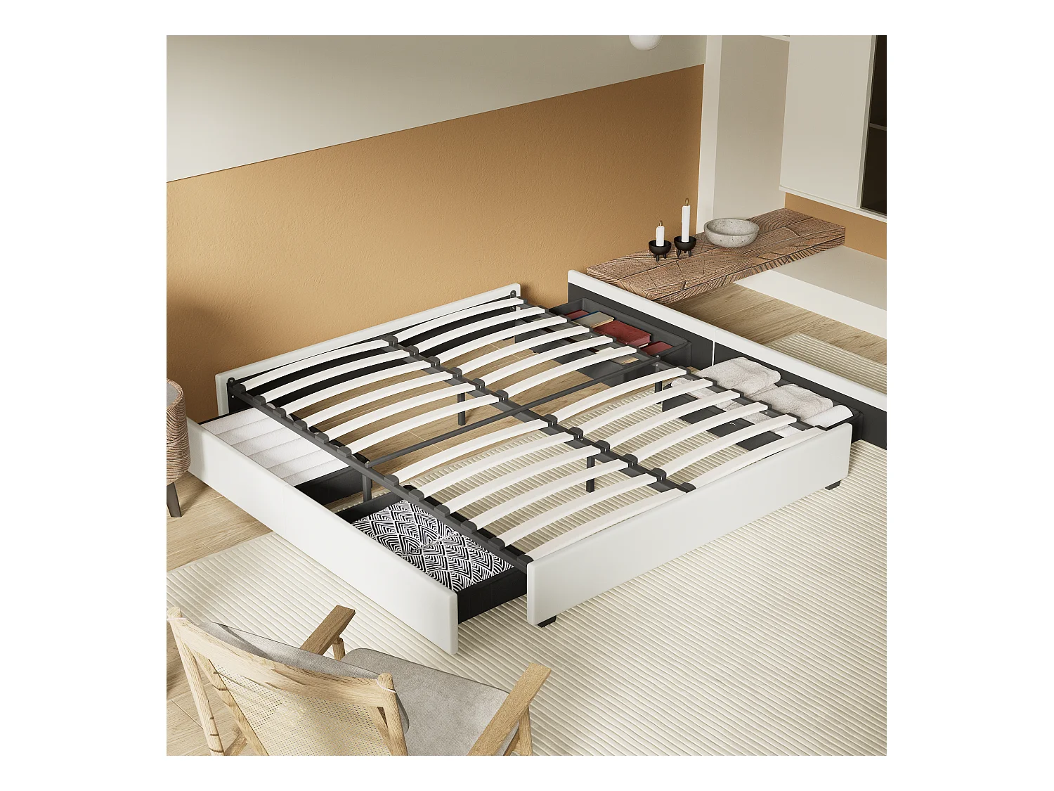 Lit 140 x 190 cm avec tiroirs, sommier à lattes en bois, cadre en tissu blanc