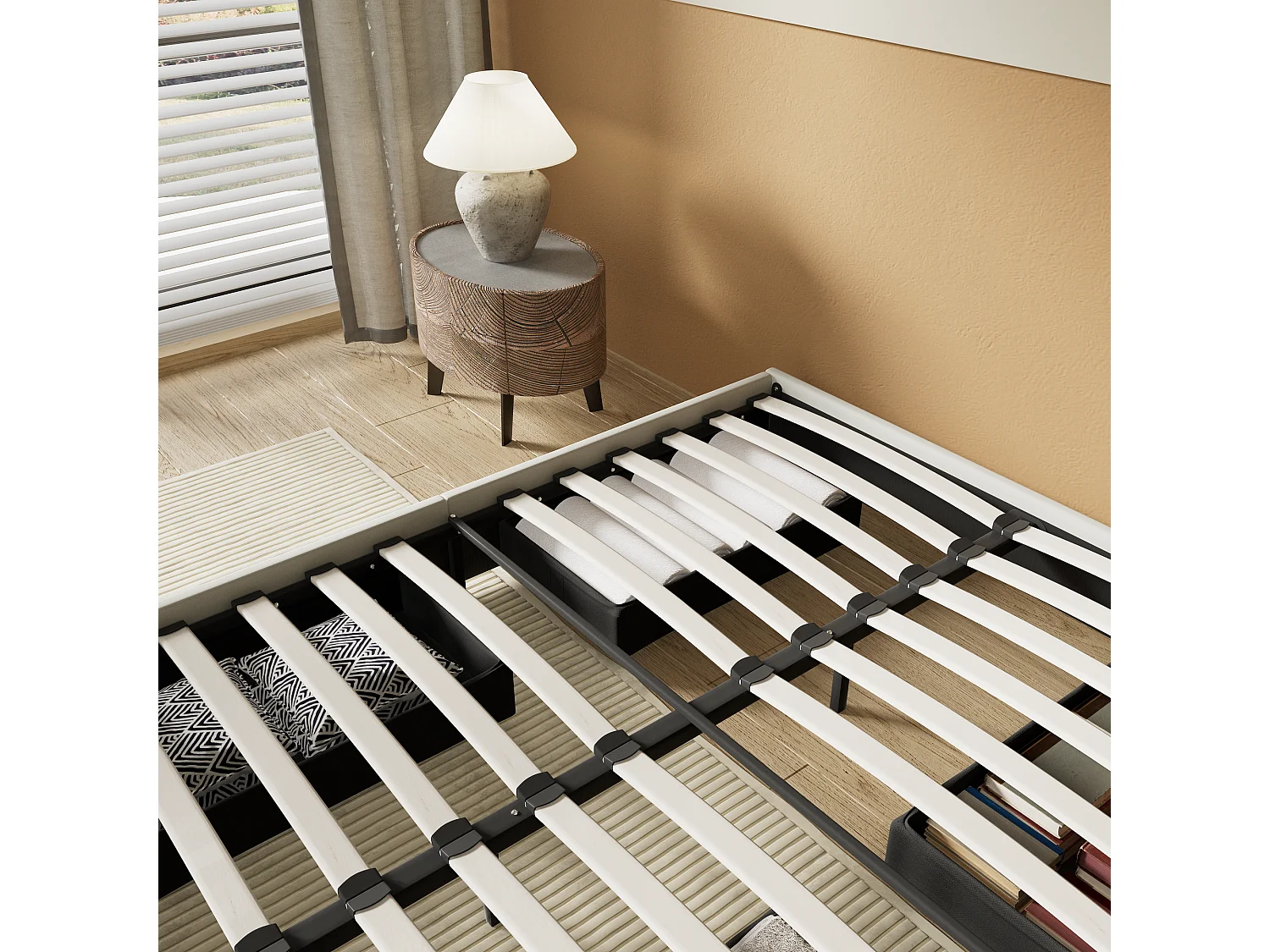 Lit 140 x 190 cm avec tiroirs, sommier à lattes en bois, cadre en tissu blanc