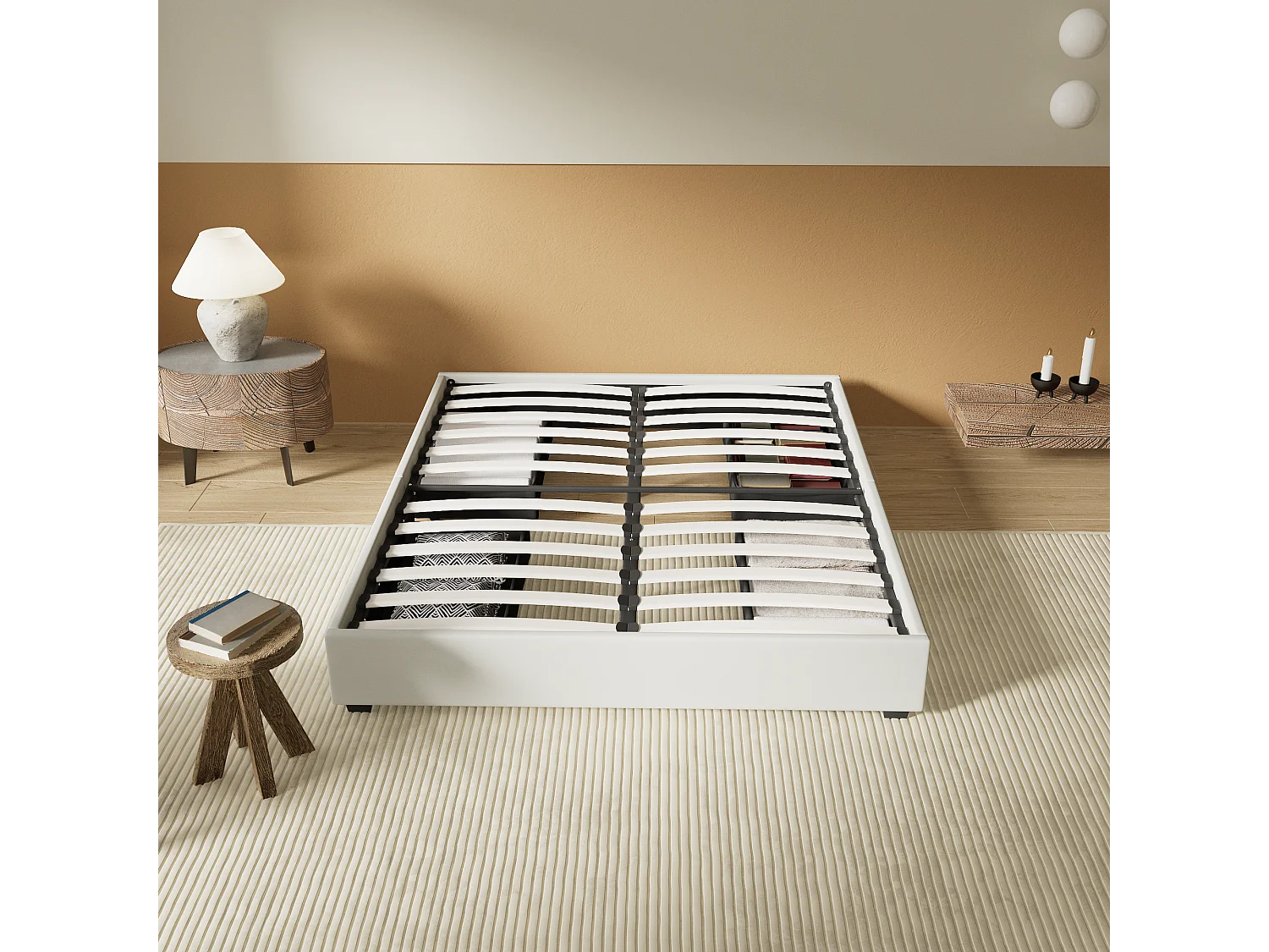 Lit 140 x 190 cm avec tiroirs, sommier à lattes en bois, cadre en tissu blanc