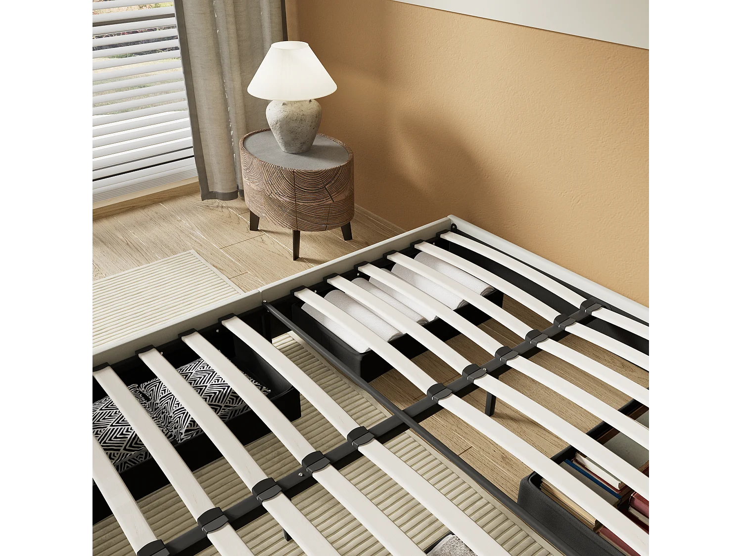 Lit 140 x 190 cm avec tiroirs, sommier à lattes en bois, cadre en tissu blanc