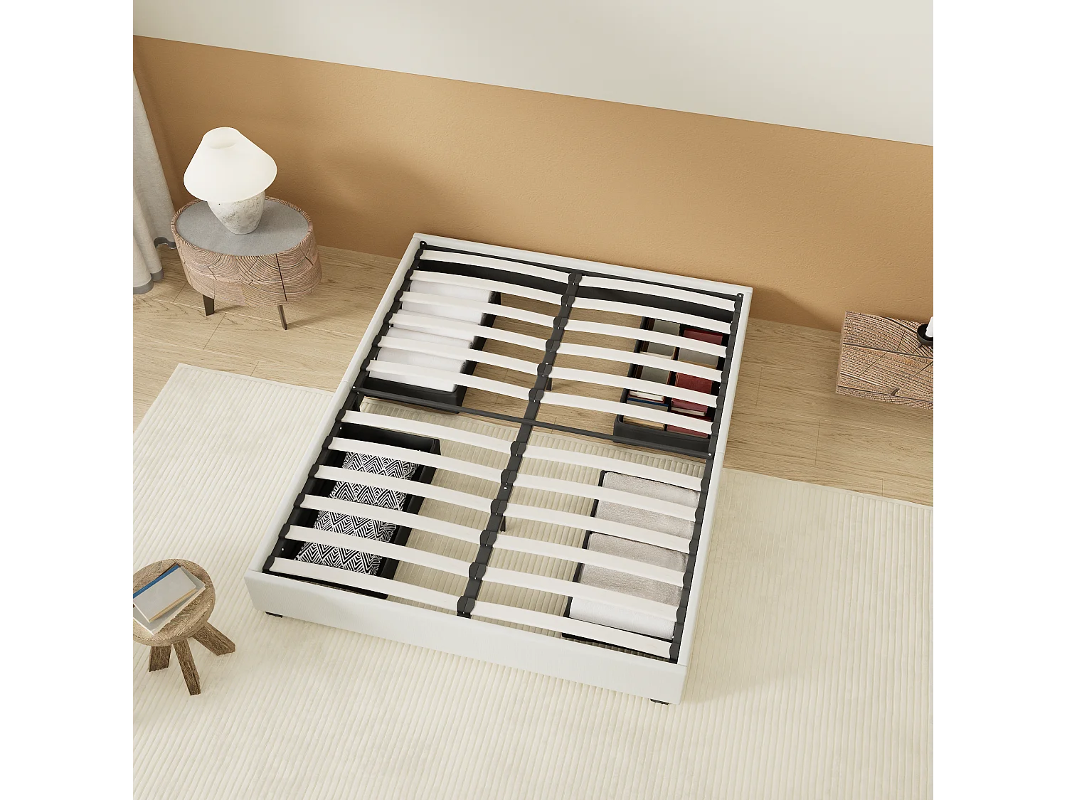 Lit 140 x 190 cm avec tiroirs, sommier à lattes en bois, cadre en tissu blanc