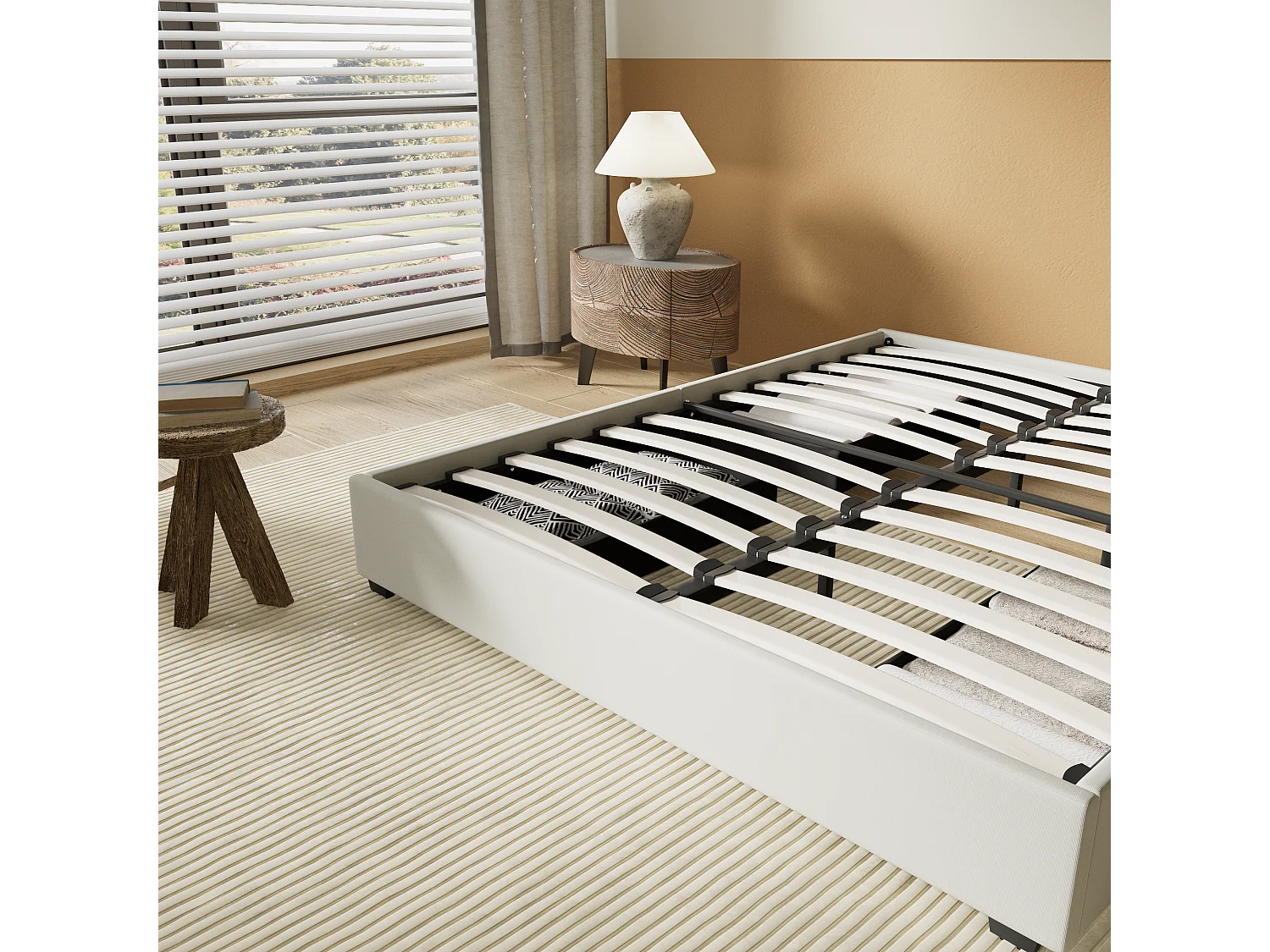 Lit 140 x 190 cm avec tiroirs, sommier à lattes en bois, cadre en tissu blanc