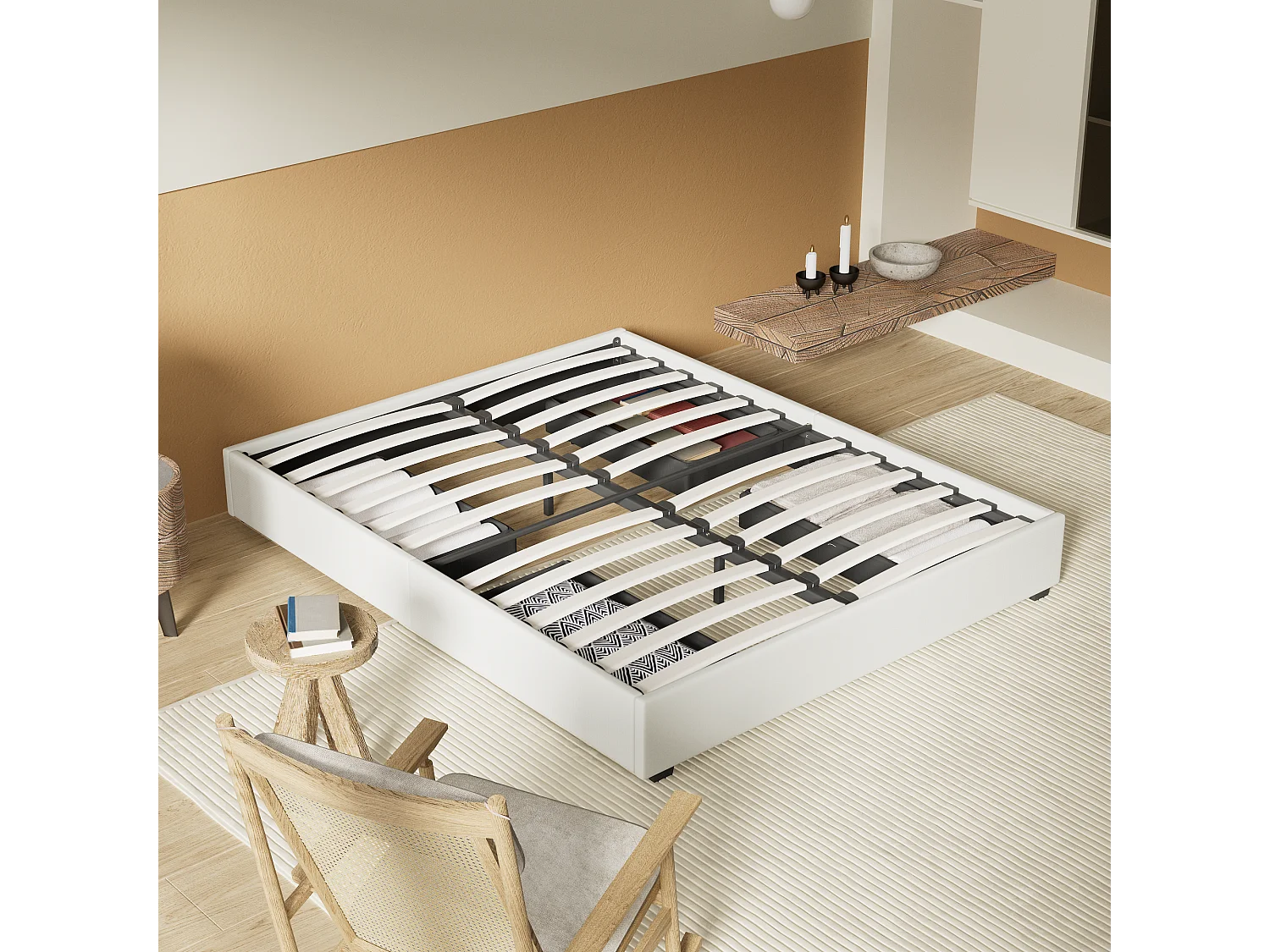 Lit 140 x 190 cm avec tiroirs, sommier à lattes en bois, cadre en tissu blanc