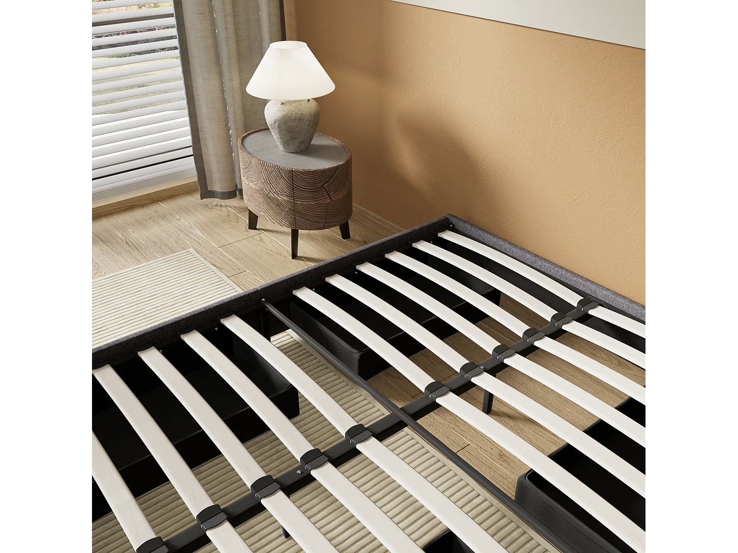 Lit 140 x 200 cm avec tiroirs, sommier à lattes en bois, cadre en tissu gris