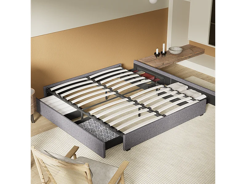 Lit 140 x 200 cm avec tiroirs, sommier à lattes en bois, cadre en tissu gris