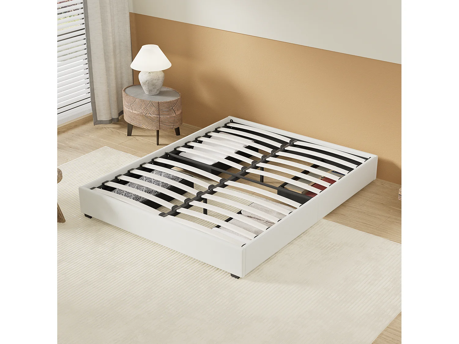 Lit 140 x 200 cm avec tiroirs, sommier à lattes en bois, cadre en tissu blanc