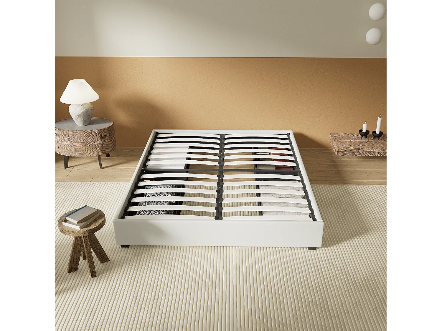 Lit 140 x 200 cm avec tiroirs, sommier à lattes en bois, cadre en tissu blanc